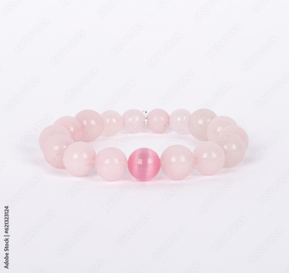 Unique light rose quartz and pink agate bracelet with 925 silver key.