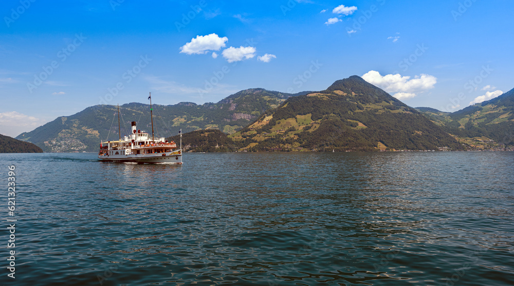The Stadt Luzern steamboat on Lake Lucerne near Beckenried. Switzerland, Europe