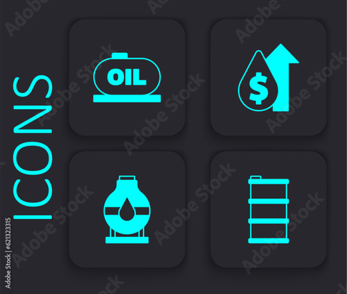 Set Barrel oil, Oil tank storage, price increase and icon. Black square button. Vector