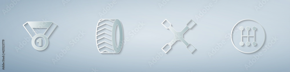 Set Medal, Car tire wheel, Wheel wrench and Gear shifter. Paper art style. Vector Set Medal, Car tire wheel, Wheel wrench and Gear shifter. Paper art style. Vector