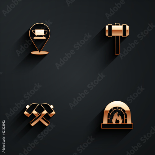 Set Blacksmith anvil tool, Sledgehammer, Crossed and oven icon with long shadow. Vector