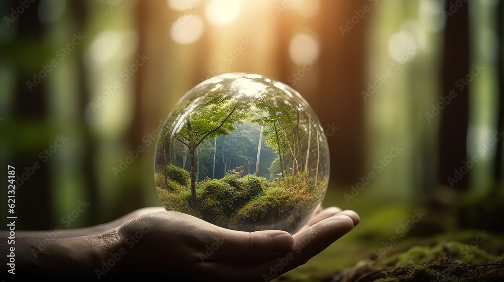 Renewable energy concept Earth Day or environment protection Hands protect forests. Generative Ai