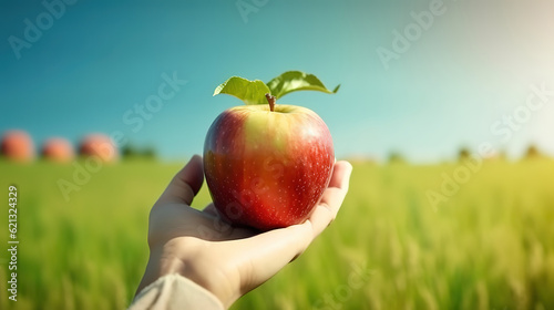 Human hans holding apple fruit of earth globe on green grass and blue sky background. Generative Ai