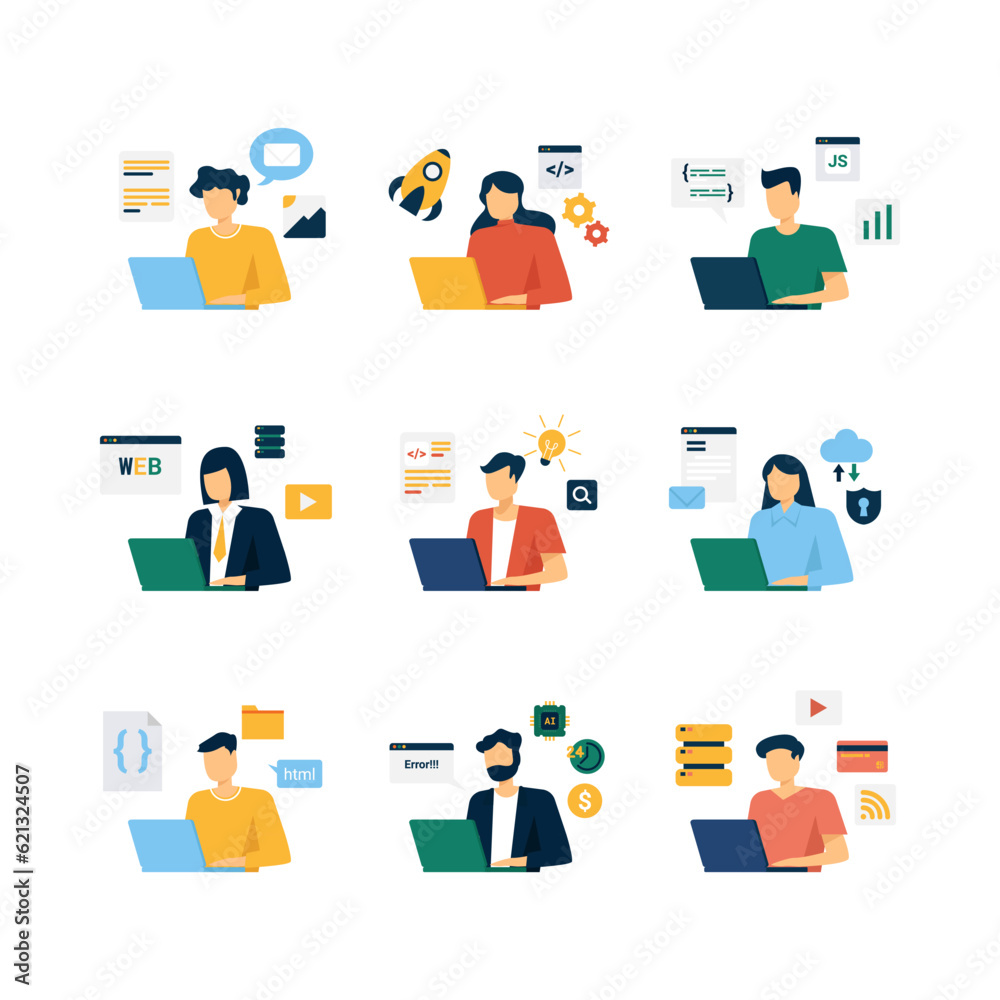 Modern Professionals: Character Use Laptop for Digital Work in Flat Vector Design