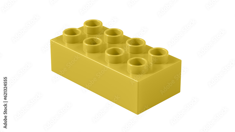 Fototapeta premium Old Gold Plastic Bricks Block Isolated on a White Background. Children Toy Brick, Perspective View. Close Up View of a Game Block for Constructors. 3D illustration. 8K Ultra HD, 7680x4320, 300 dpi