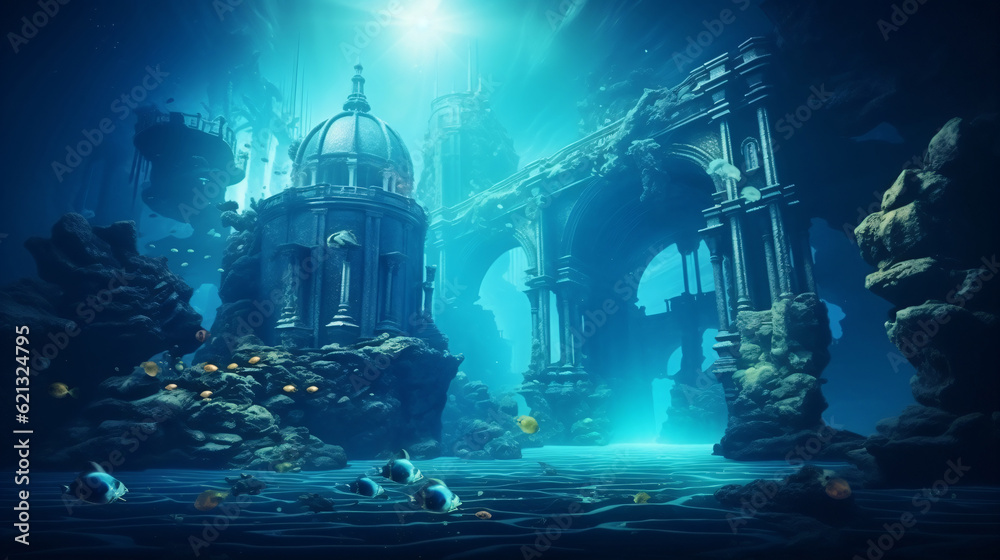 atlantis underwater scene, magic blue ocean with ancient temple ruins, deep blue sea with mysterious lights, generative ai atlantis underwater scene, magic blue ocean with ancient temple ruins, deep blue sea with mysterious lights, generative ai