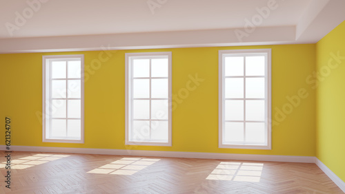 Sunny Interior of the Yellow Room with Three Large Windows, Light Glossy Herringbone Parquet Floor and a white Plinth. Beautiful Concept of the Empty Room. 3D illustration, Ultra HD 8K, 7680x4320