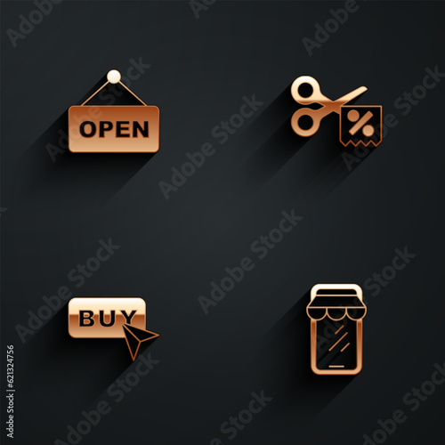 Set Hanging sign with text Open, Scissors cuts discount coupon, Buy button and Online shopping phone icon with long shadow. Vector