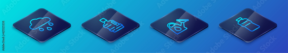 Set Isometric line Watering can, Cloud with rain, Bottle of water and Big bottle clean icon. Vector Set Isometric line Watering can, Cloud with rain, Bottle of water and Big bottle clean icon. Vector