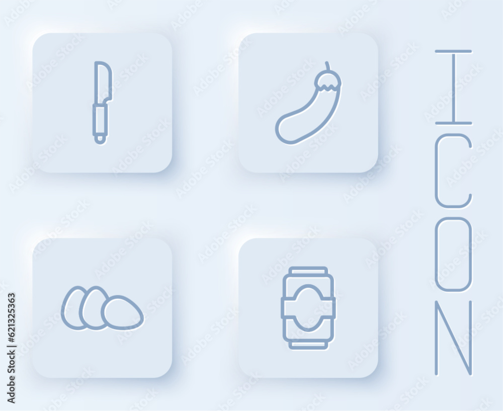 Set line Knife, Eggplant, Chicken egg and Soda can. White square button. Vector Set line Knife, Eggplant, Chicken egg and Soda can. White square button. Vector