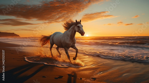 Dynamic image of a horse galloping across a sandy beach against a stunning sunset © Saran