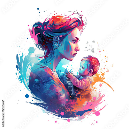 Watercolor Mothers Day t-shirt design, featuring a heartwarming scene of a mother and child embracing, surrounded by blooming flowers in various shades of pink and purple, Generative Ai