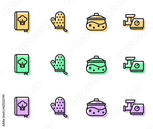 Set line Cooking pot, Cookbook, Oven glove and Kitchen meat grinder icon. Vector