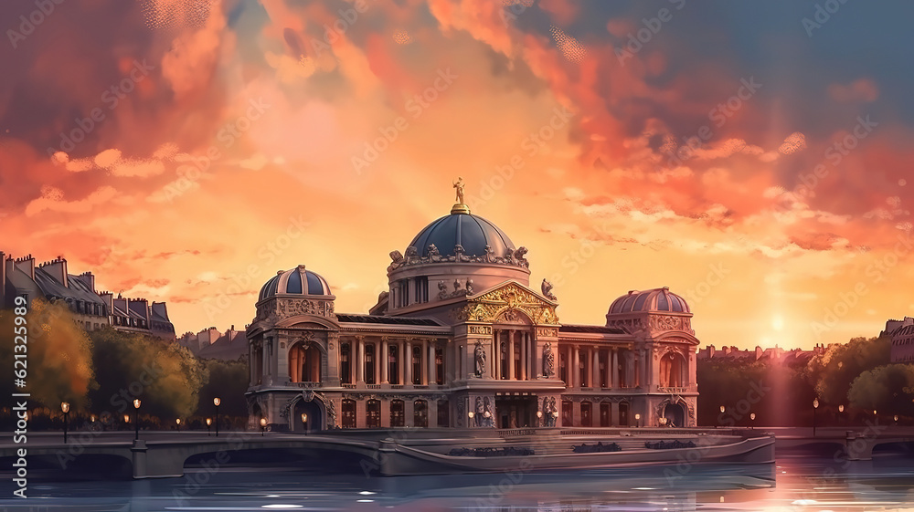 French Opera in Paris, France. Scenic skyline against sunset skyTravel background. Generative Ai