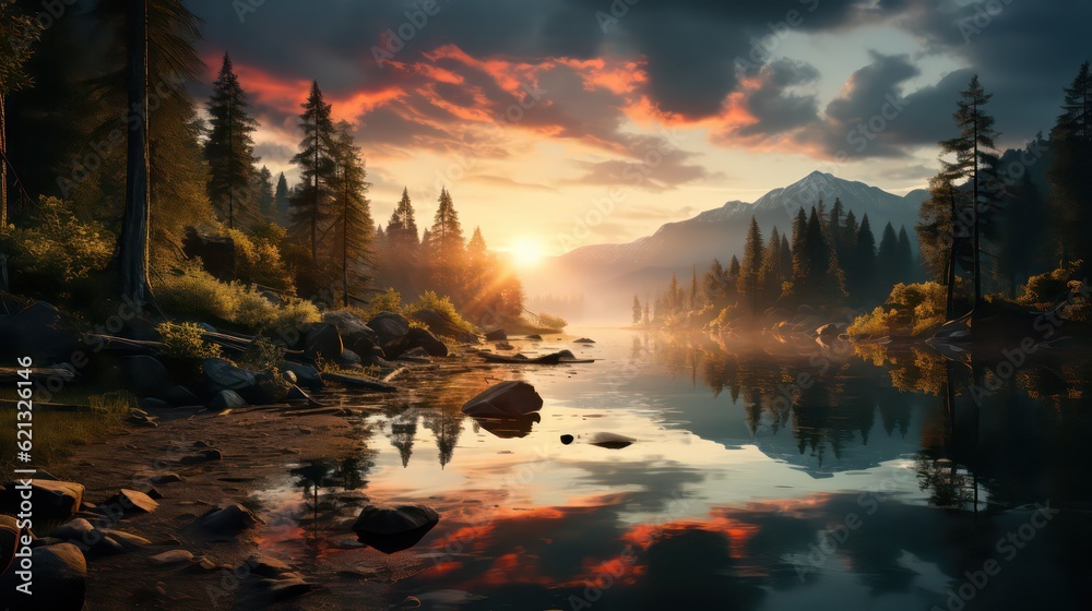 Mirror-Like Serenity Sunset Reflection on Calm Lake