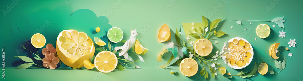 レモンのペーパークラフト風バナー、イラスト、横長、ワイドサイズ、シンプルな背景 レモンのペーパークラフト風バナー、イラスト、横長、ワイドサイズ、シンプルな背景