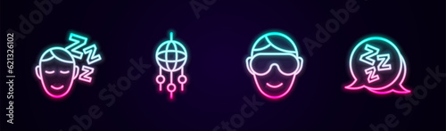 Set line Dreams, catcher with feathers, Eye sleep mask and Sleepy. Glowing neon icon. Vector