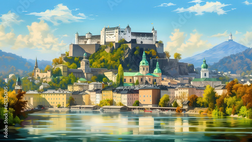 Panoramic view of Salzburg skyline with Festung Hohensalzburg and river Salzach, Salzburger Land. Generative Ai photo