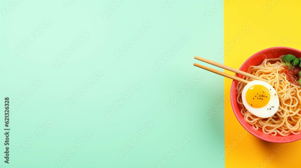 Ramen on colorful background. Copy Space on the side. Generative AI. Ramen on colorful background. Copy Space on the side. Generative AI.