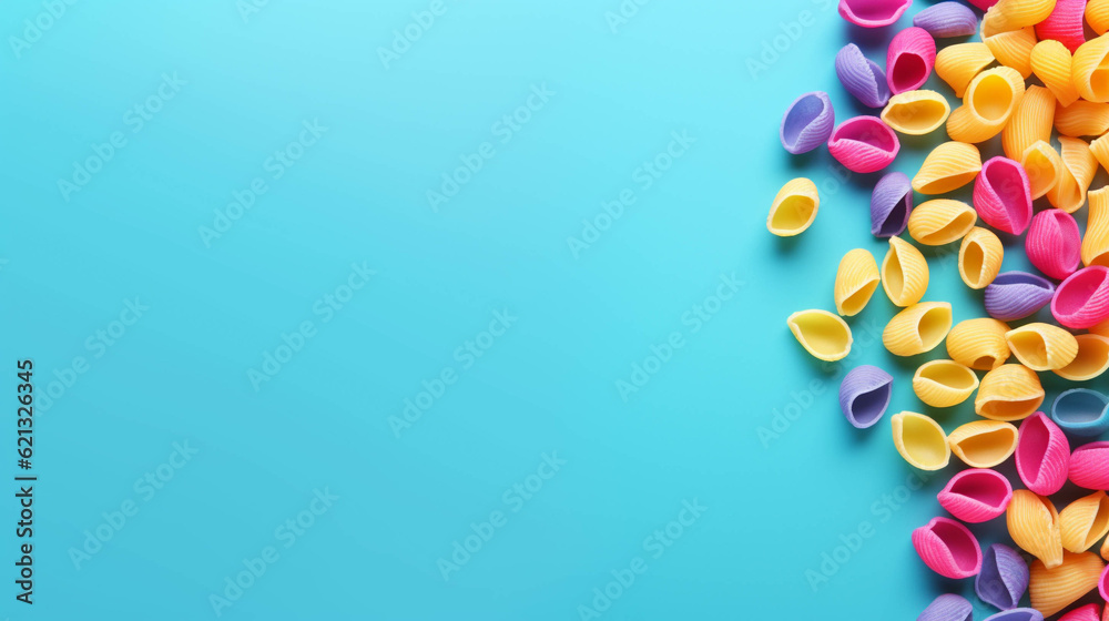 Raw macaroni on colorful background. Copy Space on the side. Generative AI. Raw macaroni on colorful background. Copy Space on the side. Generative AI.