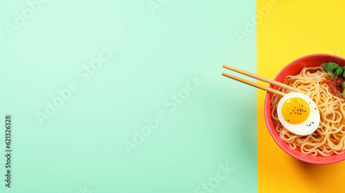 Ramen on colorful background. Copy Space on the side. Generative AI.