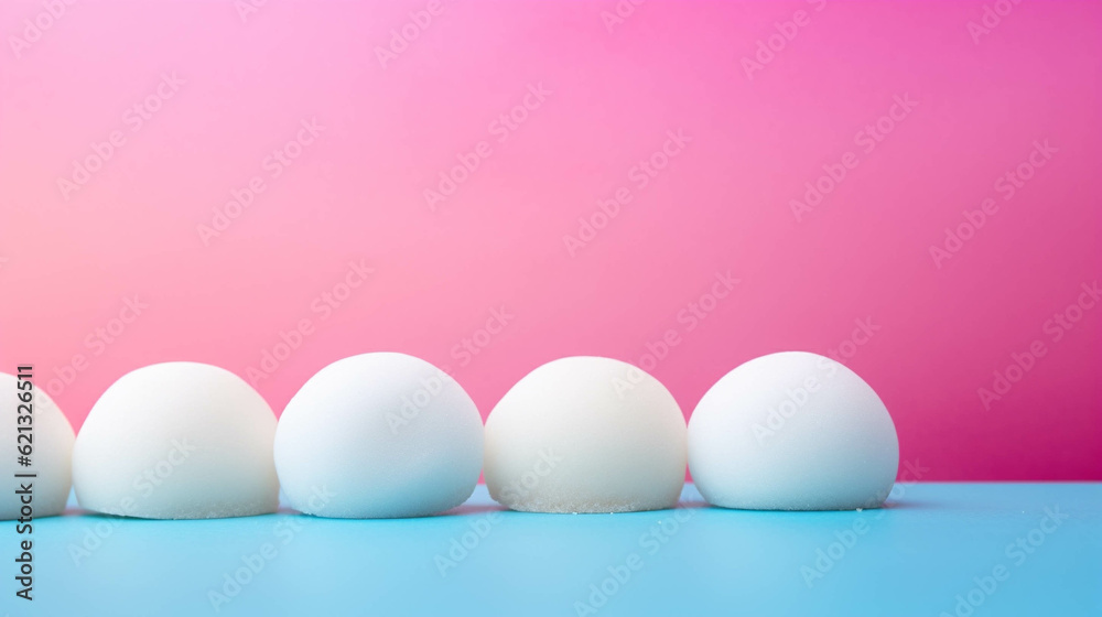 Mochi on colorful background. Copy Space on the side. Generative AI. Mochi on colorful background. Copy Space on the side. Generative AI.