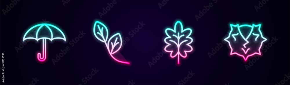 Set line Umbrella, Leaf, and Chestnut. Glowing neon icon. Vector