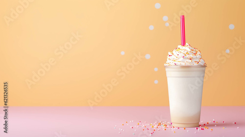 Milkshake on colorful background. Copy Space on the side. Generative AI.