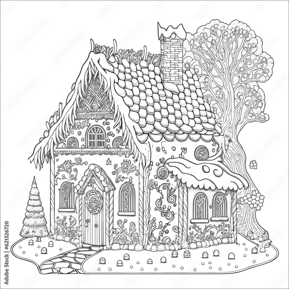 Vector illustration for coloring children gingerbread house. Black and white vector fairy house with different patterns and details in cartoon style.