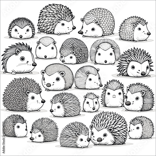 Vector illustration for coloring children many cute hedgehogs. Black and white vector different adorable hedgehogs in cartoon style next to each other.