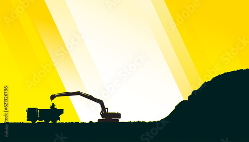 Excavator and dump truck at the construction site on yellow background.