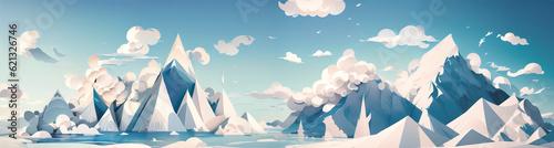 ペーパークラフト、雪山の背景、青い空