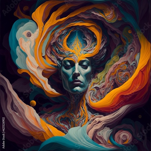 A surrealist portrait of a figure in a state of spiritual transcendence  surrounded by a swirling vortex of colors and shapes.