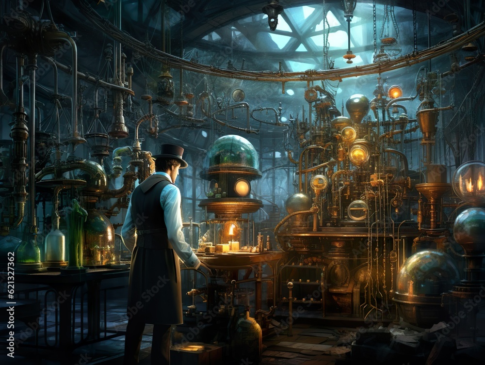 The image presents a futuristic steampunk laboratory, filled with peculiar inventions and scientific apparatuses.