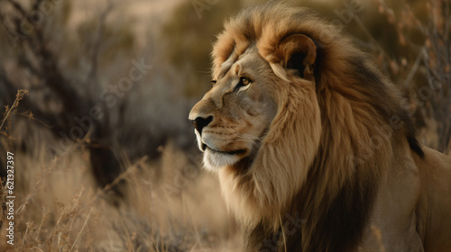 A close up of a lion in the Savannah Generative Ai