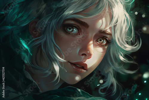 A concept art drawing of a cute girl character with light green hair and eyes Generative Ai