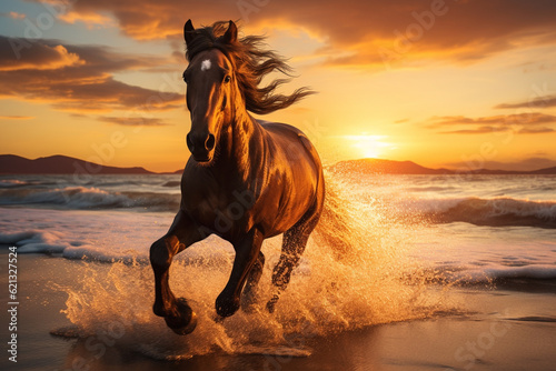 Dynamic image of a horse galloping across a sandy beach against a stunning sunset © Saran