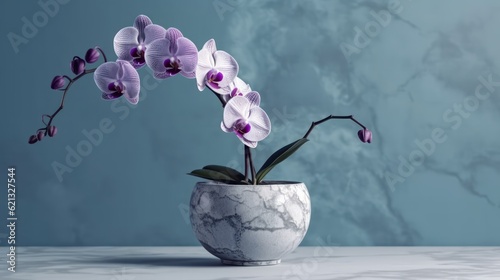 Peaceful Soft Purple Orchid in a Stone Pot with a Blue Marble Background in Cinematic Lighting 