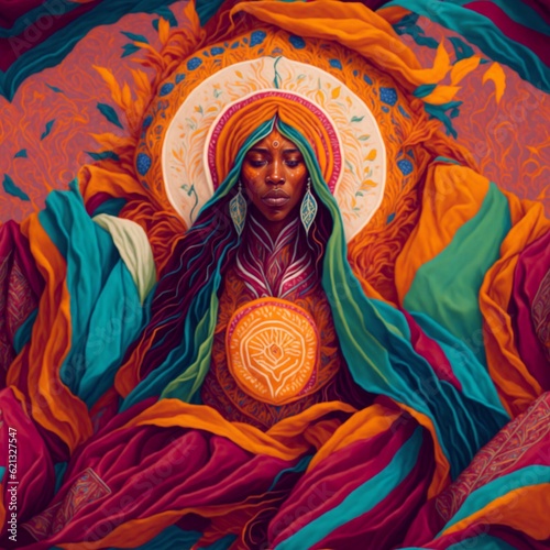 A vibrant and colorful illustration of a divine being surrounded by a blanket of compassion and acceptance.