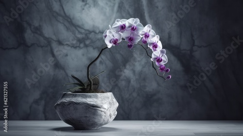 Ancient Wise White and Purple Orchid in a Stone Pot with Gray Marble Background in Cinematic Lighting 