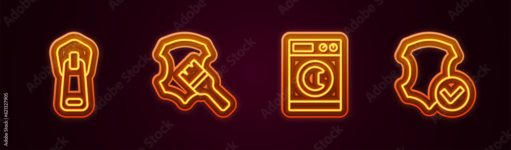 Set line Zipper, Leather, Washer and . Glowing neon icon. Vector Set line Zipper, Leather, Washer and . Glowing neon icon. Vector
