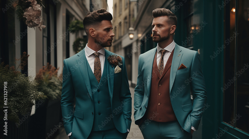 Generative AI, two handsome men in smart suits, wedding, groom, lgbt, gay, family, love, couple guys, romance, joyful emotions Generative AI, two handsome men in smart suits, wedding, groom, lgbt, gay, family, love, couple guys, romance, joyful emotions