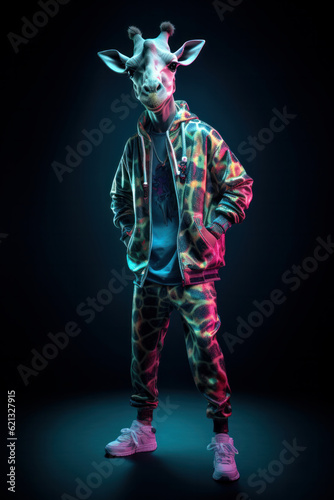 A giraffe dressed in a costume of jacket and pants  creating a surreal and bizarre scene in the wild. This humorous image merges fashion and nature in an unusual way. Is AI Generative.