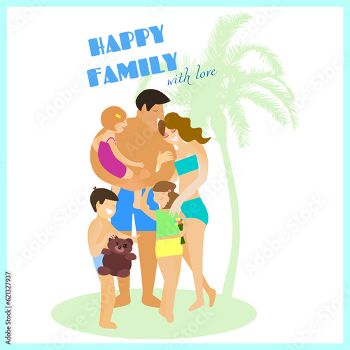 Happy family on the beach, on vacation. In bathing suits. For postcards, for cover, invitation, for website design, for background. © Svetlana Li