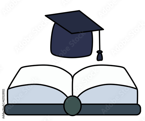 Illustration of an open book with graduation cap