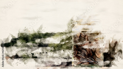 Artificial painting of coins in glass jar, concept of money savings       
