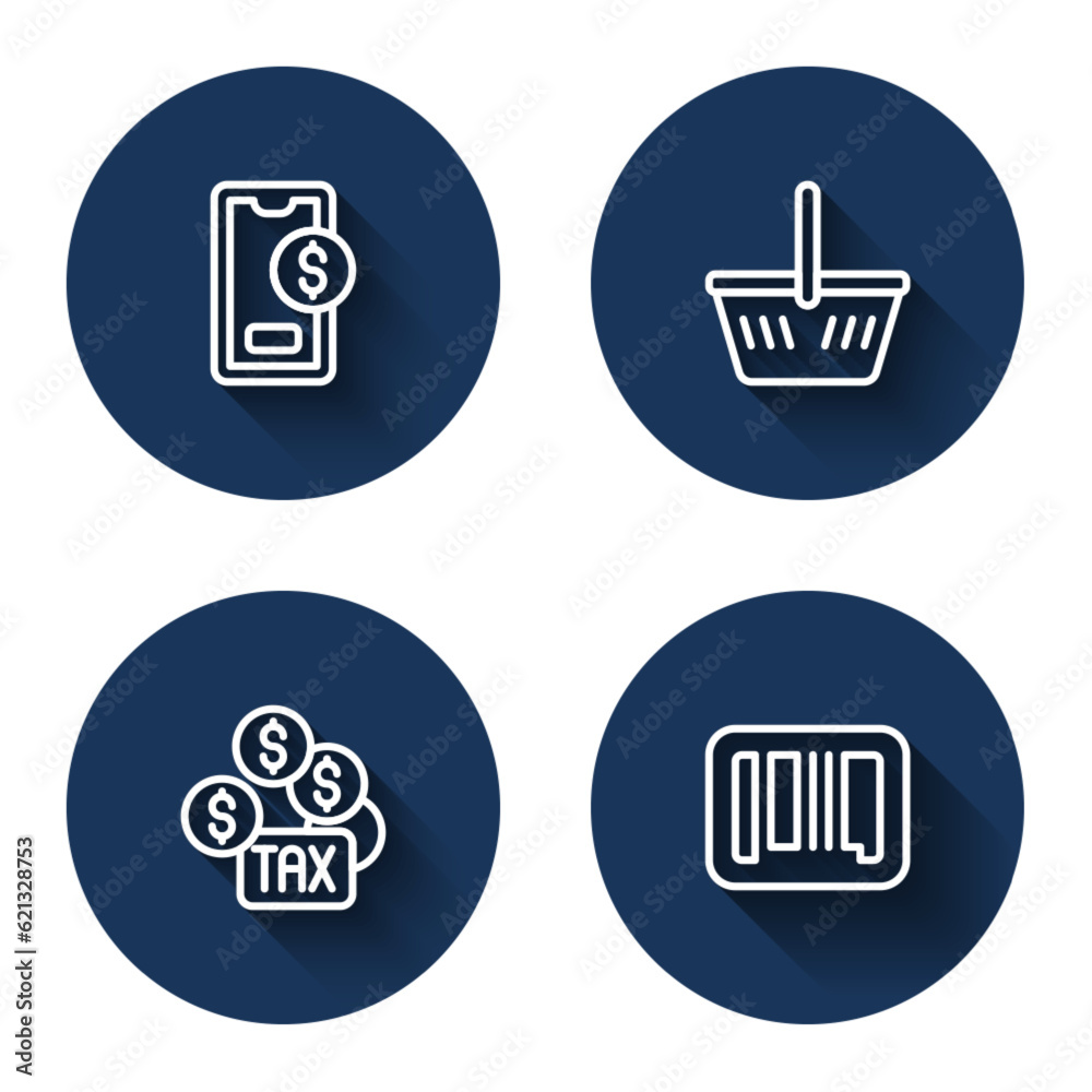 Set line Mobile with dollar, Shopping basket, Tax payment and Barcode with long shadow. Blue circle button. Vector Set line Mobile with dollar, Shopping basket, Tax payment and Barcode with long shadow. Blue circle button. Vector