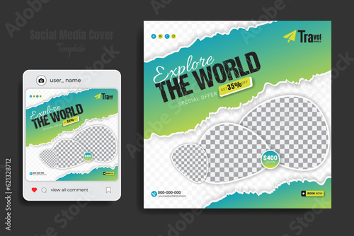 Travel holiday vacation social media cover and banner design template, abstract colorful shape for travel agency marketing promotion square flyer. Summer beach weekend online advertising poster