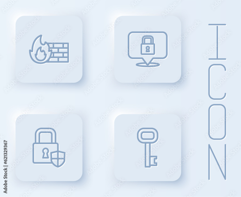 Set line Firewall, security wall, Lock, Shield with lock and Old key. White square button. Vector Set line Firewall, security wall, Lock, Shield with lock and Old key. White square button. Vector