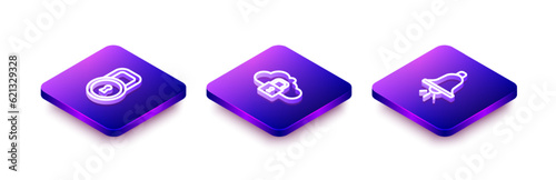 Set Isometric line Lock, Cloud computing lock and Ringing alarm bell icon. Vector